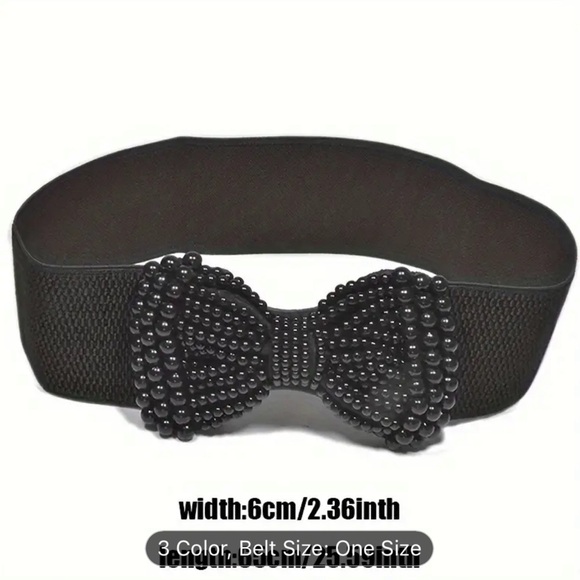 An elegant solid colored elastic waistband with a wide imitation pearl bow - Picture 7 of 10